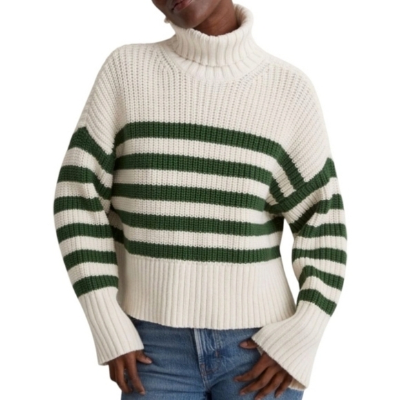 Madewell Wide Rib Turtleneck Sweater Varsity Green Stripe Womens Size Small - Picture 1 of 13